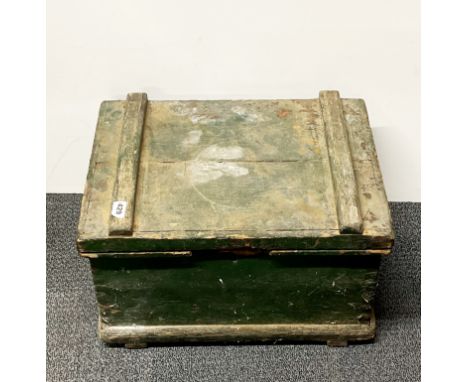 A vintage pine trunk and tool contents, 37 x 50 x 28cm.