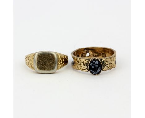 Two hallmarked 9ct yellow gold rings, (I &amp; K). Total weight approx. 4.9gr.