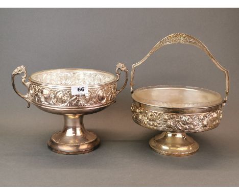 Two Art Nouveau silver plated bowls and liners, widest 30 x 22cm. basket H. 30cm.