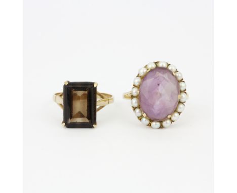 A 9ct yellow gold cluster ring set with amethyst and pearls, together with a 9ct yellow gold smokey quartz ring, (O.5).