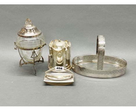 A WMF silver plated blotter with silver plated basket and glass liner, an Art deco and silver plate etched glass bowl and cov