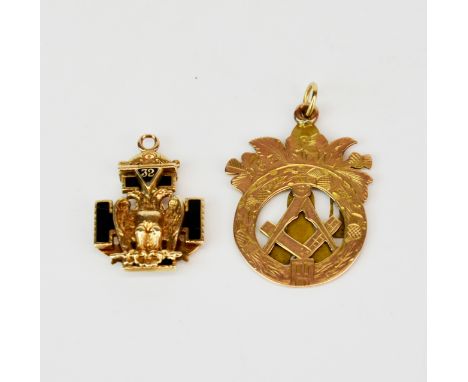 An unsual folding 10ct gold and enamel Masonic fob with a further yellow metal (tested minium 9ct gold) fob.