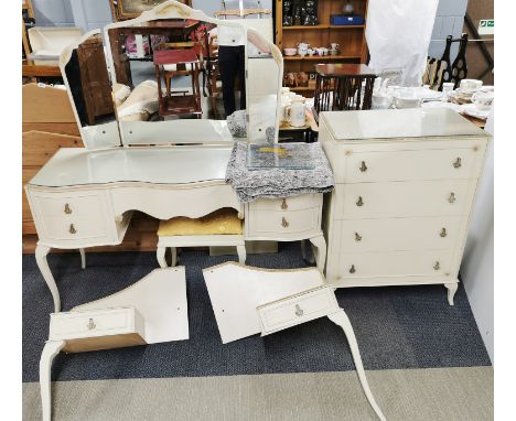 A vintage painted dressing table, chest of drawers and bed head with bedside cabinets.