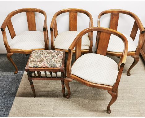 Four vintage beechwood armchairs and a piano stool.