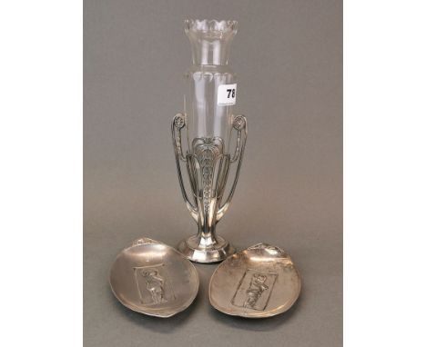 Two WMF silvered metal dishes with an Art Nouveau vase, dish L. 16cm. vase H. 26cm.