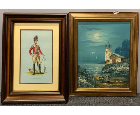 A gilt framed oil on canvas signed K Able, framed size 63 x 53cm, together with a military print.
