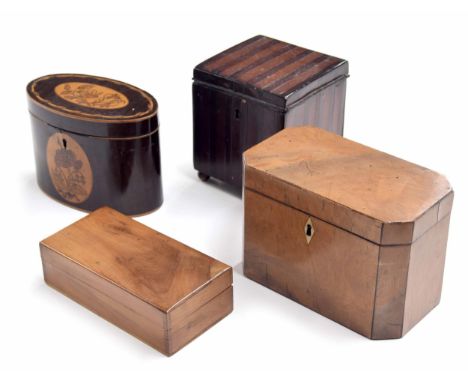 Georgian walnut tea caddy, the hinged cover enclosing a paper lined open interior, with caned corners, 7" wide, 4" deep, 4.5"