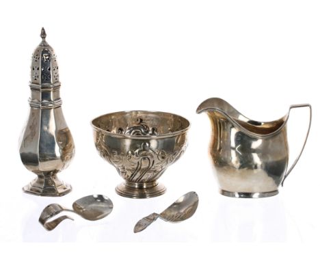 Selection of silver items to include a&nbsp;Georgian&nbsp;helmet shape silver cream jug, maker indistinct, London 1805; a&nbs