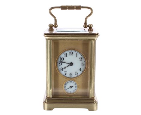 Miniature carriage clock timepiece with alarm sounding on a bell beneath the base,&nbsp;the 1.25" principal cream dial and al