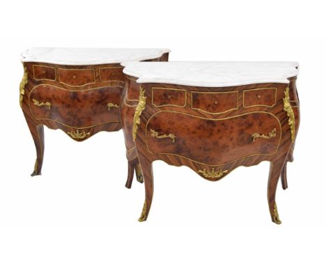 Pair of Louis XV style kingwood and burr walnut marble top commode chests of drawers, the veined white moulded top over three