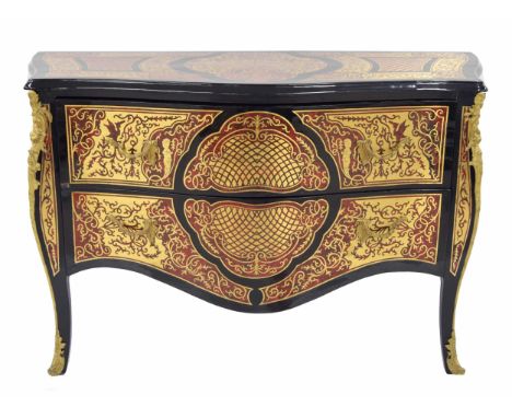 French Louis XV Boulle style large commode chest of drawers, scrolling inlay to the top, sides and drawer fronts, 55" wide, 2