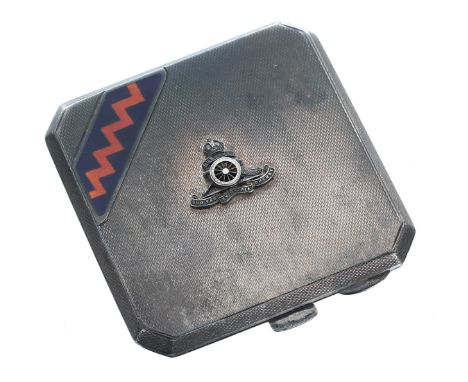 WWII period silver and enamel engine turned square compact,&nbsp;applied with the Royal Artillery insignia crest, maker 'JWB'