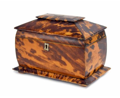 Victorian tortoiseshell tea caddy of sarcophagus form, with a hinged cover enclosing a divided interior with two lids, raised