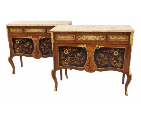 Pair of French style kingwood and painted commode chests of drawers, the veined moulded top over a slim frieze drawer and two