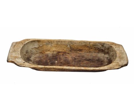 Rustic carved fruitwood dough trough, 37" wide 