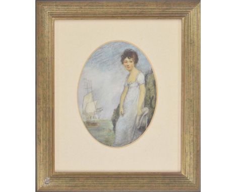English School (early 19th century) - portrait of a young girl standing beside a rock on a beach, a sailing vessel nearby, pe