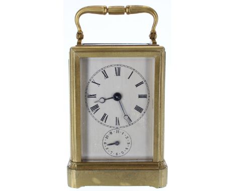 Garnier style small carriage clock with alarm striking on a bell (missing), the movement back plate inscribed 90M, the vertic