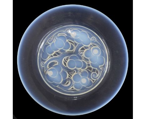 Lalique 'Marienthal' blue opalescent relief moulded glass plate, moulded stencil mark R Lalique, inscribed France no. 3022, 9