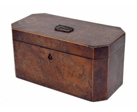 Georgian yew wood rectangular canted tea caddy with boxwood banding, the hinged cover enclosing a divided interior with two l