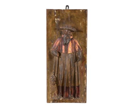 A group of three Spanish carved, painted and gilt wood figural altarpiece...   A group of three Spanish carved, painted and g