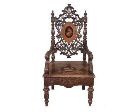 A Swiss inlaid burr walnut musical chair, unsigned, late 19th century   A Swiss inlaid burr walnut musical chair, unsigned,  