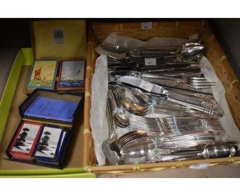 A mixed lot of Community Plate cutlery and two packs of vintage playing cards.
