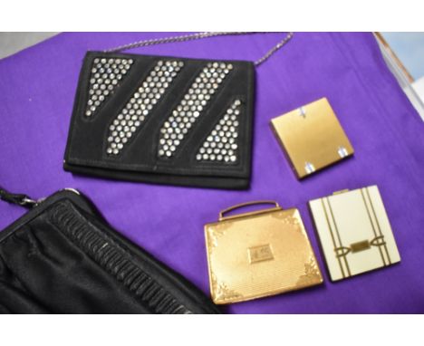 Two vintage evening bags and a trio of compacts one monogrammed "AB"