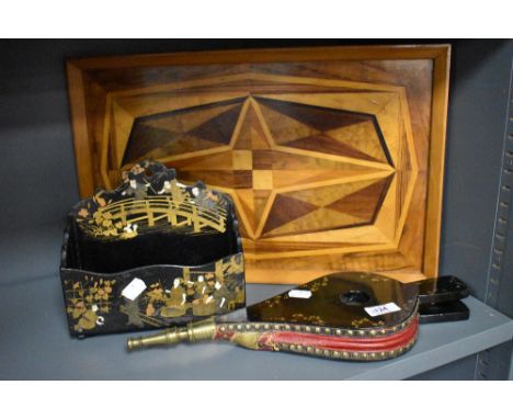 A vintage inlaid tray, a Chinese style lacquered letter rack and a set of antique mother of pearl and shell inlaid bellows.