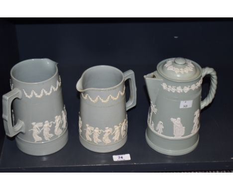 Two Copeland Spode stoneware jugs, decorated with classical figures against a pastel ground, and a similar coffee pot with tw