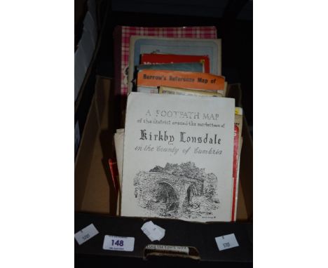 A carton of assorted vintage maps and guides ranging from local areas to England, Scotland and Europe.