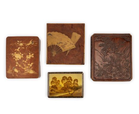 l max cm 25One is rectangular with a brick-red ground, decorated in gold lacquer with a floral landscape and cranes; another 