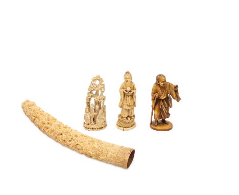 The larger h cm 38,3Depicting a sage with a sphere, figures among vegetation, Gama Sennin with a toad, carved tusk tip.N. CIT