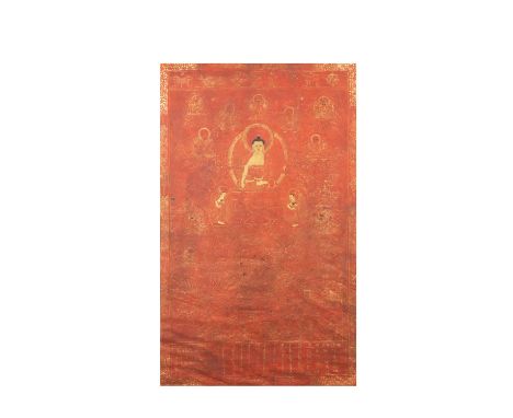 h cm 84 x l cm 52Depicting Shakyamuni Buddha seated on a throne ending in a lotus flower, with both hands in the bhumisparsha