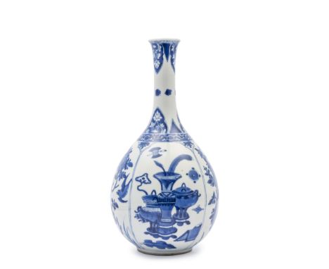 h cm 27Well decorated in underglaze blue on the globular body with four panels featuring flowering branches and birds, altern