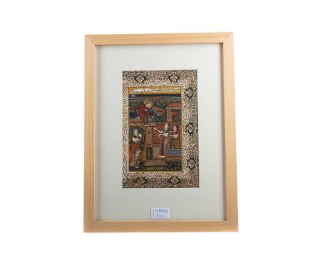 TWO INDIAN MANUSCRIPT LEAVES,decorated with figural scenes in watercolours and further gilt heightened, the first depicting t