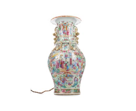 CHINESE CANTON FAMILLE ROSE BALUSTER VASE,mid 19th century, later converted to a lamp, with moulded fo dog handles and chilon