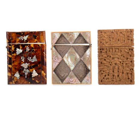 CHINESE SANDALWOOD CARD CASE,carved in relief with figures, 11cm high, also a Victorian mother of pearl card case and tortois