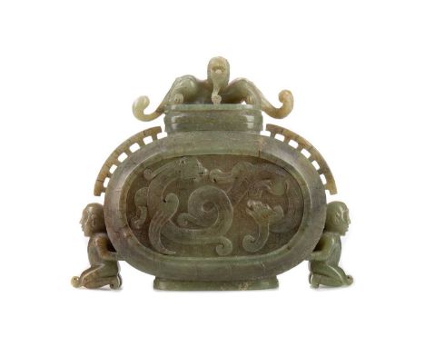 LATE 19TH/EARLY 20TH CENTURY CHINESE JADE LIDDED JAR,the cover with a dragon finial, the body with two relief panels depictin