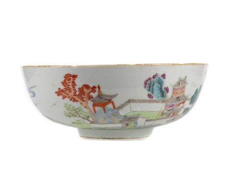 CHINESE CIRCULAR BOWL,Qing dynasty, with pinched cafe-au-lait rim, decorated in polychrome enamels with landscape, pavillions