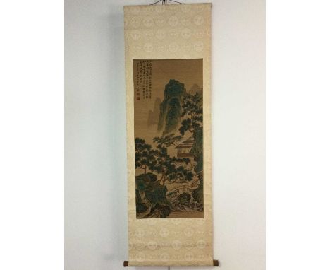 CHINESE SCROLL PICTURE,depicting a shan shui mountain landscape, printed with hand-embellished highlights, seals and script t