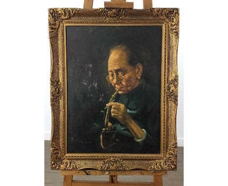 W. H. CHAN (CHINESE, 20TH CENTURY)PORTRAIT OF A WOMAN SMOKING AN OPIUM PIPE, Oil on canvas, signed lower left, 60cm x 40cm, i