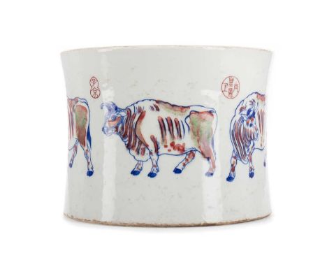 CHINESE CERAMIC BRUSH POT,of slightly waisted form, decorated with cattle and calligraphic script, six character Kangxi mark 