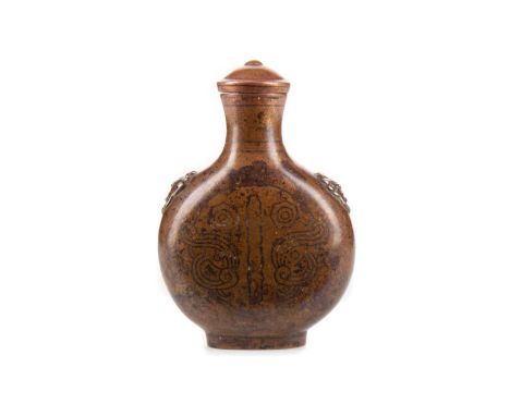 CHINESE COPPER ALLOY SNUFF BOTTLE,bearing white metal Fo Dog masks to shoulders and inlaid to both sides with Taotie masks in