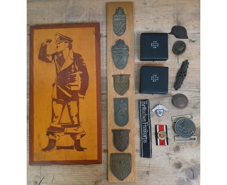 Assorted German Third Reich military comprising two 1st Class Iron Cross boxes, a Britisches Freikorps embroidered cuff title