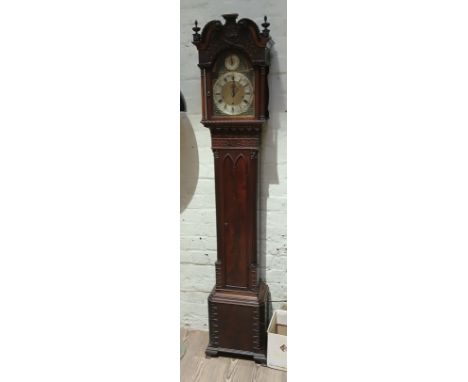 An early 20th century miniature long case clock, Chippendale style mahogany case, 8" dial, triple spring driven movement, Whi