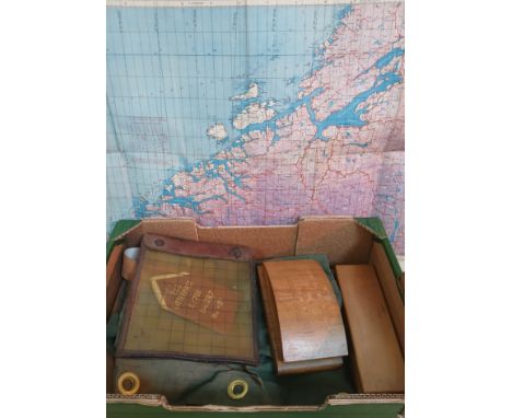 Assorted military including a kit bag, a map case, a map of Trondhjem and a marquetry cigarette box.