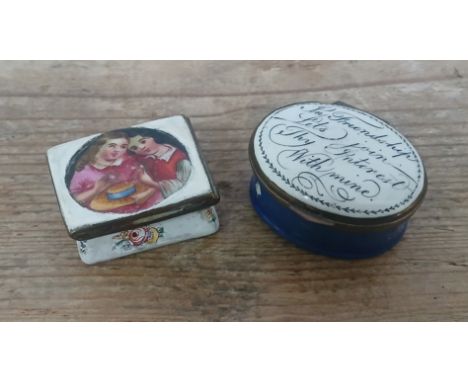 Two 19th century enamel patch boxes, one Biltson type with verse 'In Friendship Lets Join thy Interest with Mine' and the oth