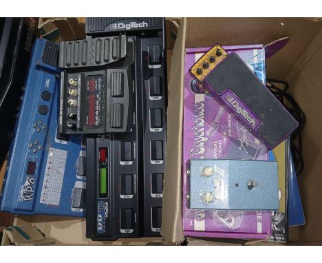 Two boxes of assorted guitar FX pedals comprising a The Zonk II fuzz pedal, a Digitech Jimi Hendrix Experience wah wah pedal 