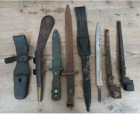 Assorted knives, bayonets and scabbards including an FS leather scabbard etc.