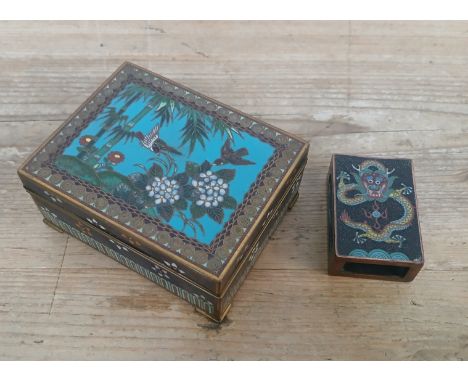 A Chinese gilt brass and cloisonne box, length 10.5cm, and matchbox holder.&nbsp;Condition, box - good, general wear includin